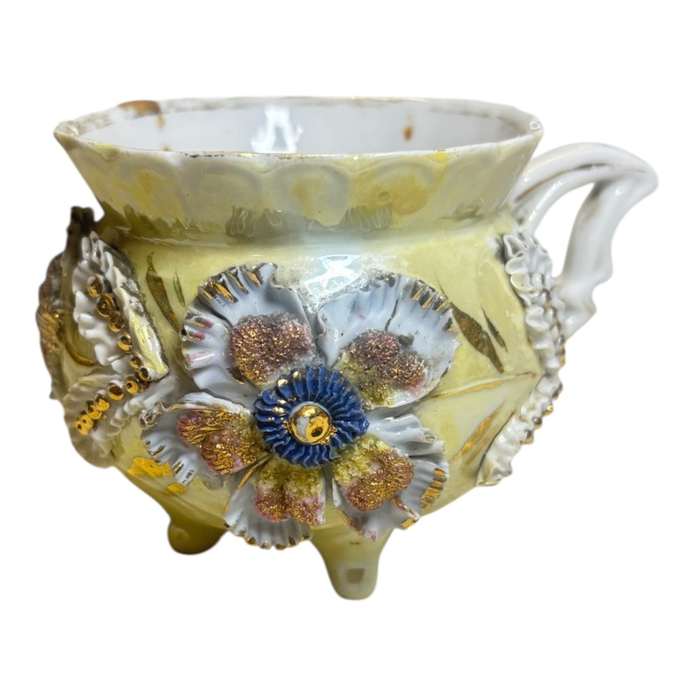 Antique Victorian Footed Teacup Yellow 3D Flowers Ruffle Edge